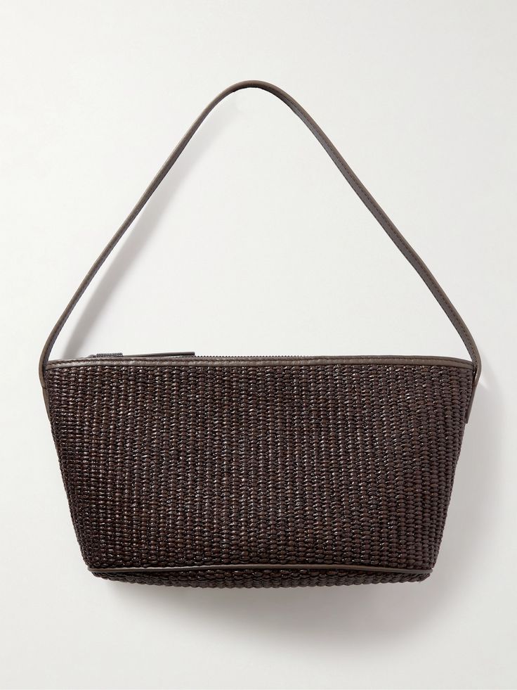 Brunello Cucinelli's shoulder bag is woven from raffia and trimmed with leather. It's been made in Italy and has a tonal shoulder strap which sits comfortably on your shoulder. Keep your phone, sunglasses and hand cream in the canvas-lined interior. Rectangular Straw Bag With Leather Handles For Evening, Elegant Rectangular Straw Bag With Intrecciato Weave, Designer Woven Shoulder Bag For Evening, Chic Handwoven Shoulder Bag For Evening, Chic Handwoven Evening Shoulder Bag, Chic Evening Handwoven Shoulder Bag, Brown Woven Straw Bag For Evening, Brunello Cucinelli Bag, Luxury Woven Straw Evening Bag