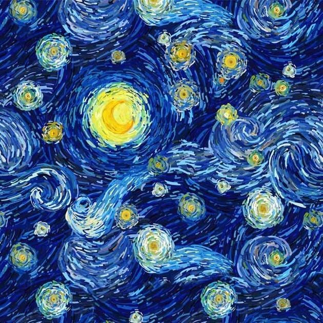 the starry night sky is painted with yellow and blue paint on it's surface