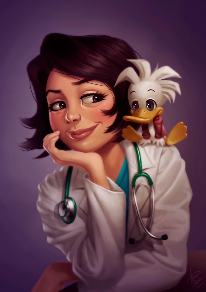 a woman with a stethoscope on her shoulder is holding a duck in front of her face