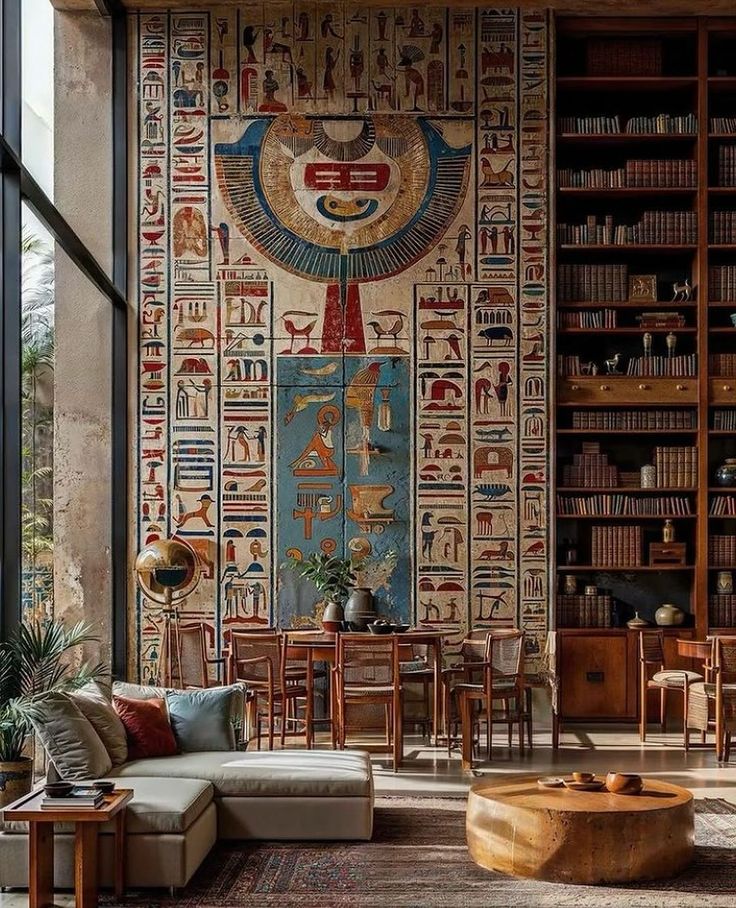 a living room filled with furniture and bookshelves covered in egyptian wallpapers