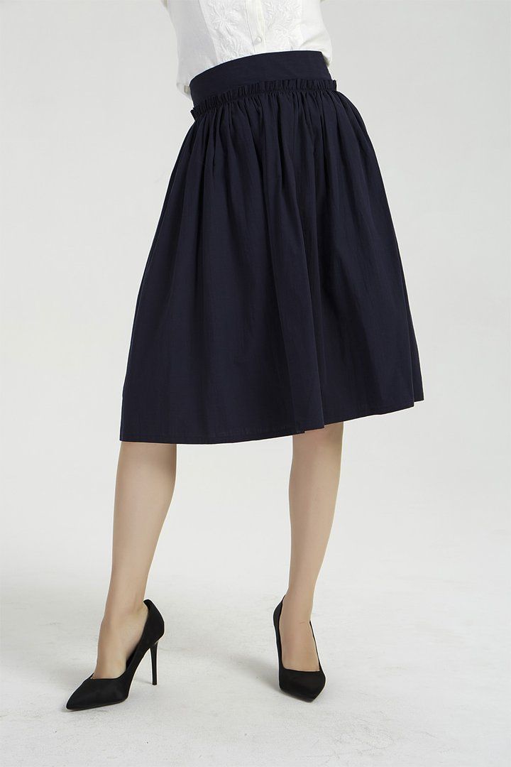 navy blue knee length summer linen skirt 2034# – XiaoLizi Below Knee Skirt, Cotton A-line Gathered Skirt, Summer Flared Pleated Skirt In Solid Color, Summer A-line Pleated Skirt In Solid Color, Spring Knee-length Culottes, Summer Full Skirt In Solid Color, Summer Full Skirt With Pleated Hem, Full Skirt With Elastic Waistband, Relaxed Full Skirt In Solid Color