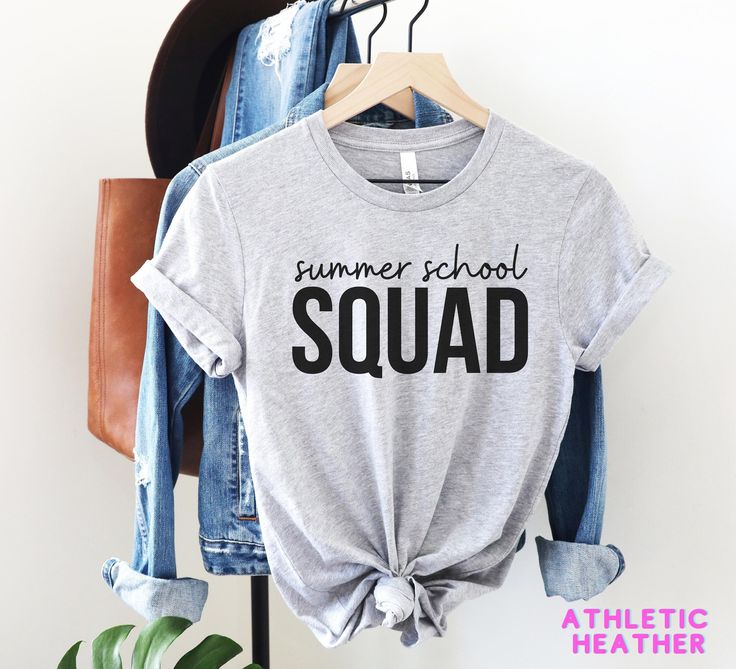 JUST BECAUSE IT'S SUMMER SCHOOL DOESN'T MEAN THAT YOU CAN'T STILL MATCH WITH YOUR FAVORITE TEACHERS. CELEBRATE YOUR SUMMER SCHOOL SQUAD! This brand of shirt is everyone's favorite. It's incredibly soft, lightweight, not boxy, just the right amount of stretch, comfortable yet cute. Your new go-to tee from Bella + Canvas. I use direct to garment printing, which prints the color directly into the shirt to ensure no cracking or peeling like vinyl or screen printing. Be sure to check out my other des Summer School Spirit Tops, School Spirit Graphic Print Tops For Summer, Summer School Spirit Graphic Print Tops, Summer School Slogan Tops, Summer Slogan Tops For School, Summer School Tops With Slogan, Summer Graphic Print Tops For School Spirit, Summer School T-shirt With Funny Text, Summer School Tops With Text Print