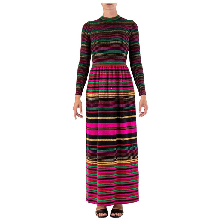 1970'S CRISSA Black Rainbow Stripe Metallic Strips Dress Multicolor Evening Dress For Fall, 1970s Style Multicolor Party Dresses, Multicolor Long Sleeve Maxi Dress For Evening, 1970s Multicolor Long Sleeve Dress, 1970s Style Multicolor Long Sleeve Dress, Retro Multicolor Evening Dress, 1970s Style Evening Dresses For Fall, 1970s Fitted Multicolor Maxi Dress, 1970s Style Fitted Multicolor Maxi Dress