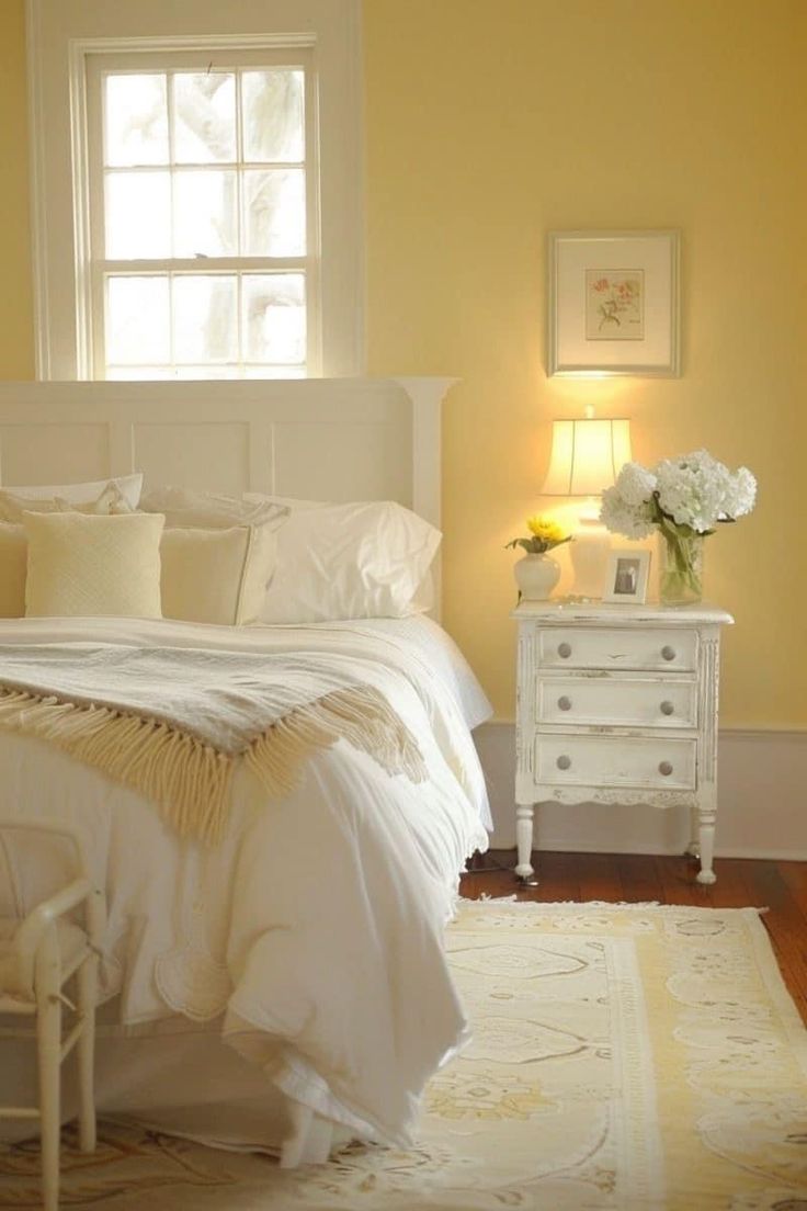 a bedroom with yellow walls and white furniture