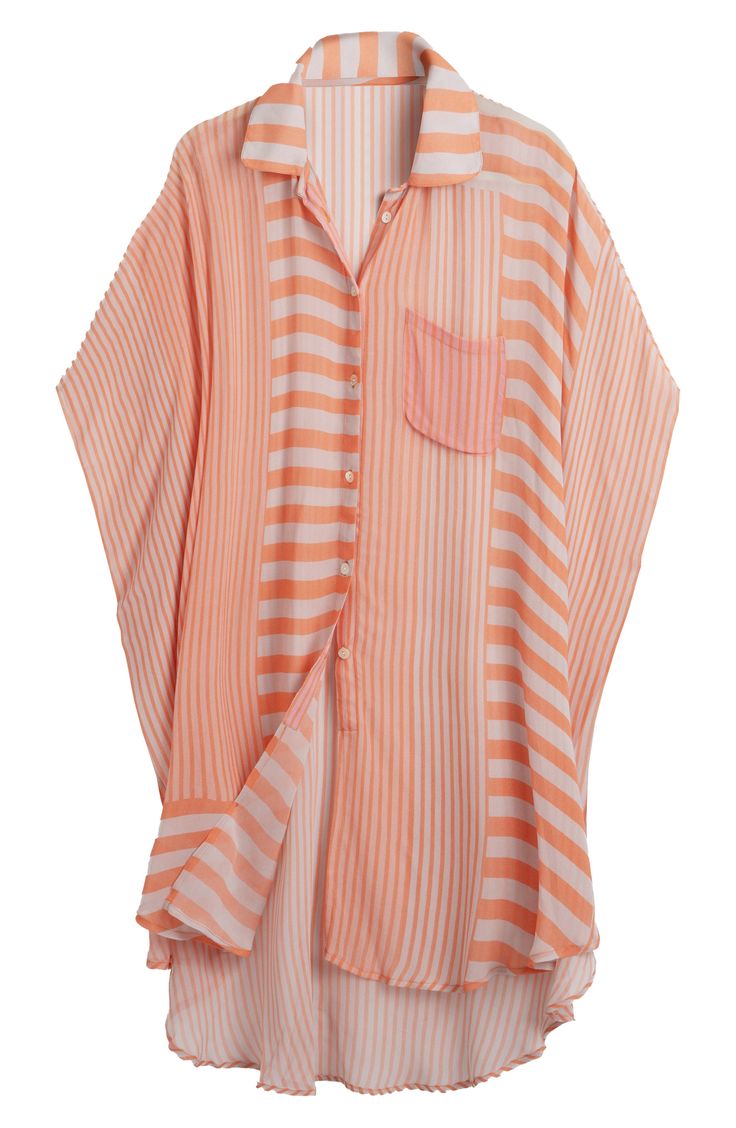 Hit the beach or kick it poolside in this flowy, semisheer shirt that features an oversized fit, slim stripes and an uneven hem. Front button closure Spread collar Elbow-length sleeves 100% viscose Hand wash, line dry Imported Oversized Kimono Sleeve Beach Cover-up, Multicolor Short Sleeve Kimono For Beach Cover-up, Orange Beach Cover-up, Orange Printed Kaftan For Beach Cover-up, Orange Relaxed Fit T-shirt For Beach, Kids Uggs, Sheer Shirt, Holiday Pajamas, Holiday Sweater