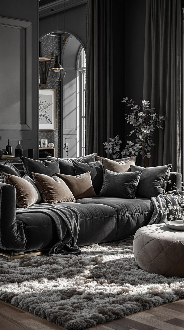 Dark Grey Couch Living Room Dark Gray Family Room, Dark Grey Couch Decor, Charcoal Grey Sofa Living Room Ideas, Charcoal Grey Couch Living Room Decor, Dark Gray Living Room Ideas, Dark Gray Sofa Living Room Ideas, Charcoal Couch Living Room, Charcoal Grey Sofa, Grey Couch Decor