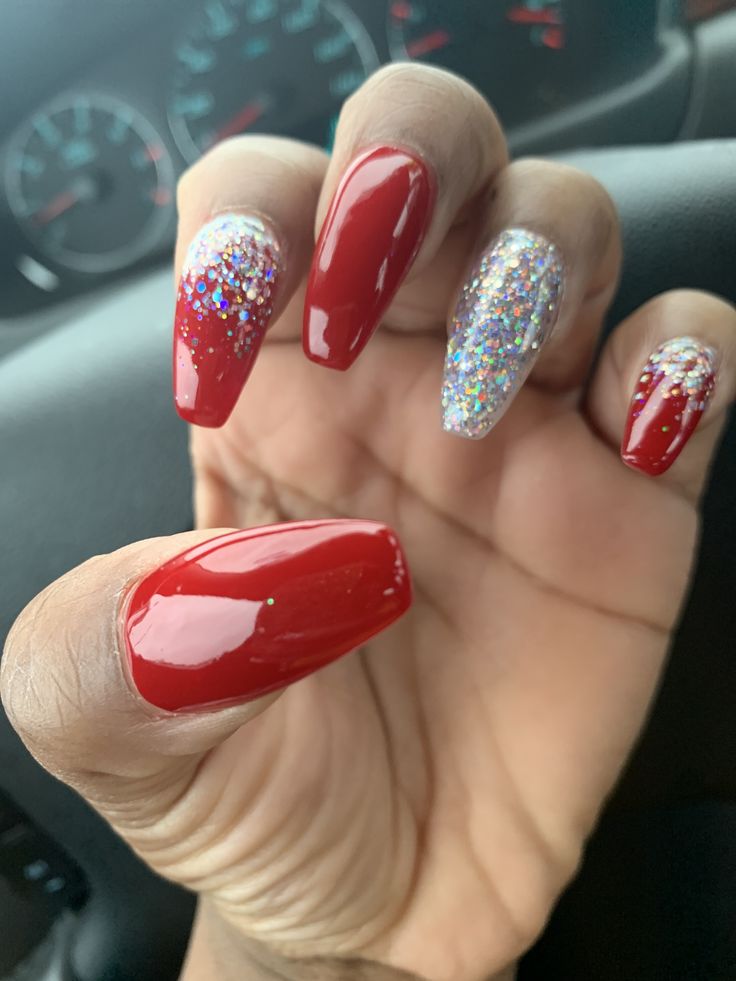 Red Nails With Glitter Accent, Red Nails Ideas Glitter, Sparkly Silver Nails, Red Sparkly Nails, Classic Nail Polish, Grey Acrylic Nails, Hoco Nails, Red Nails Glitter, Glitter Accent Nails