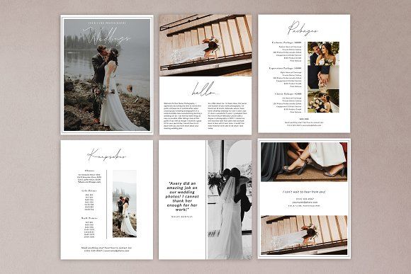 the wedding brochure is shown with photos and text on it's side