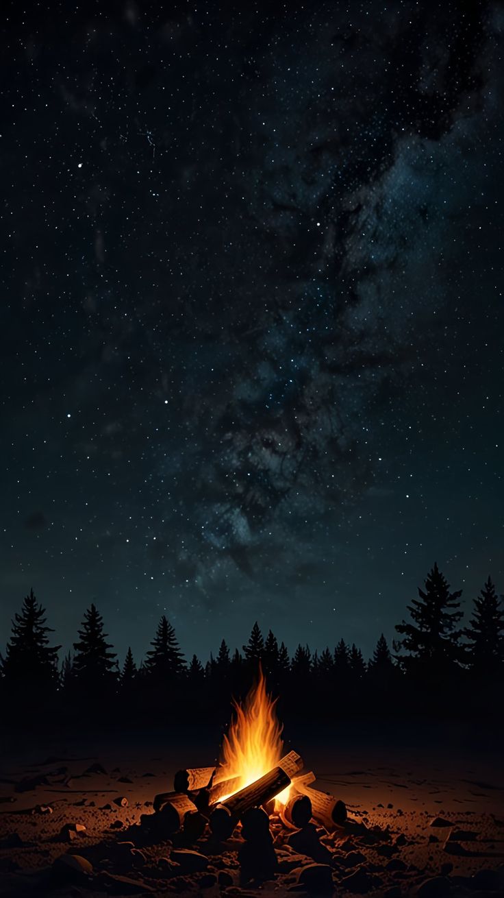 a campfire is lit up in the dark with stars above it