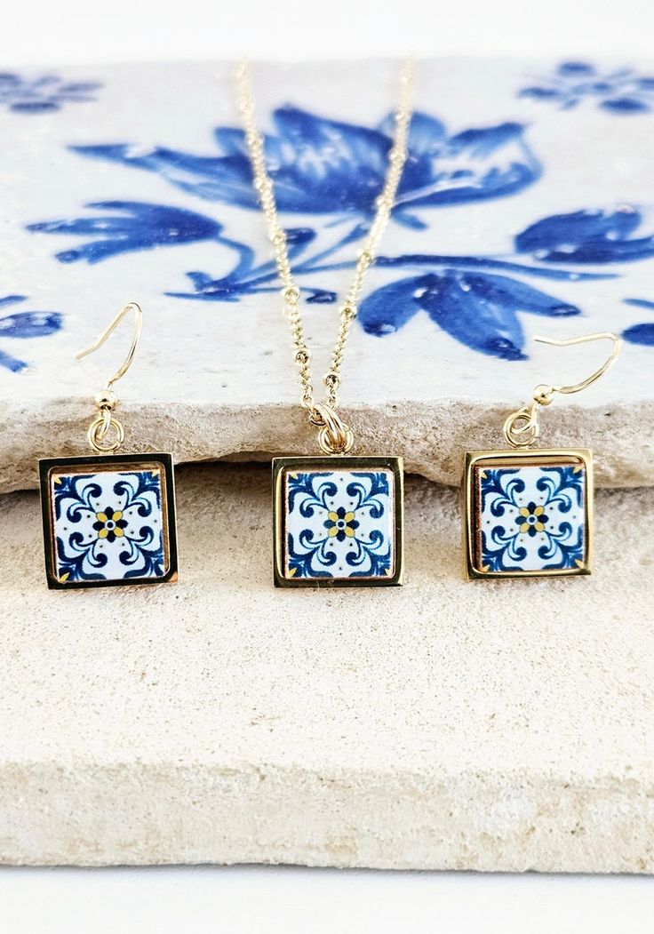 Portugal Azulejo GOLD Jewelry Gift Set Tile Pendant Earring - Etsy France Rectangular Brass Jewelry Gift, Gold Necklaces With Matching Earrings For Gift, Handmade Rectangular Yellow Gold Jewelry, Handmade Yellow Gold Rectangular Jewelry, Rectangular Pendant Jewelry With Matching Earrings As Gift, Nickel-free Rectangular Pendant Jewelry Gift, Nickel-free Rectangular Pendant Jewelry For Gift, Jewelry Set With Matching Rectangular Pendant Earrings For Gifts, Personalized Square Jewelry Gift