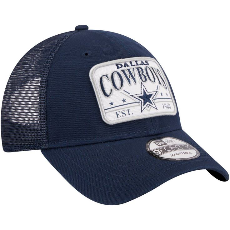 Keep your Dallas Cowboys fandom rolling along for the long haul with this Plate Trucker 9FORTY hat from New Era. It features the team name, logo and founding year displayed across the front. Mesh panels provide a breezy feel, and a snap closure makes adjusting the fit of this Dallas Cowboys cap quick and simple. Brand: New Era Officially licensed Material: 100% Polyester Structured fit Two solid front panels with eyelets Snap Closure Curved bill Mid Crown Wipe clean with a damp cloth Imported Em Team Spirit Flat Bill Hat For Fan Merchandise, Team Logo Baseball Cap For Fans, Team-colored Snapback Hat For Fan Merchandise, Baseball Cap With Team Logo For Fans, Snapback Trucker Hat With Team Logo, Sporty Trucker Hat With Curved Brim For Fans, Sporty Trucker Hat With Visor For Fan Merchandise, Sporty Trucker Hat For Sports Fans, Team-colored Baseball Season Hats