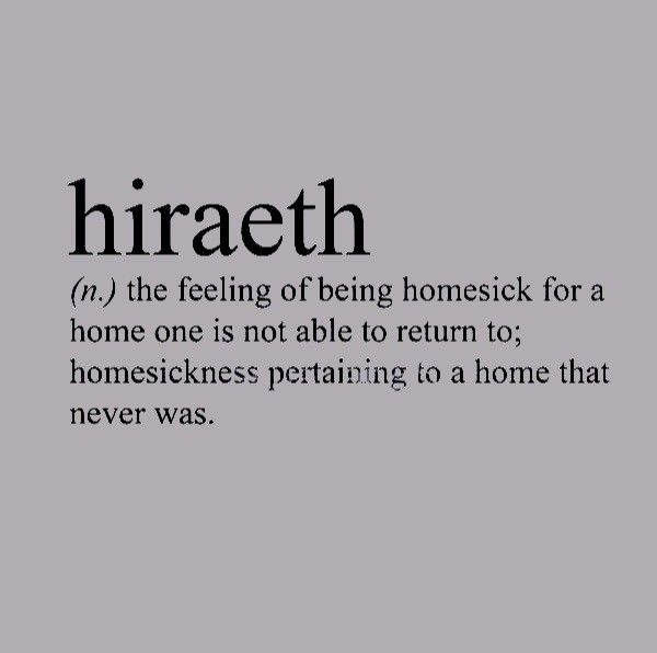 the words hiraeth are written in black and white on a light gray background