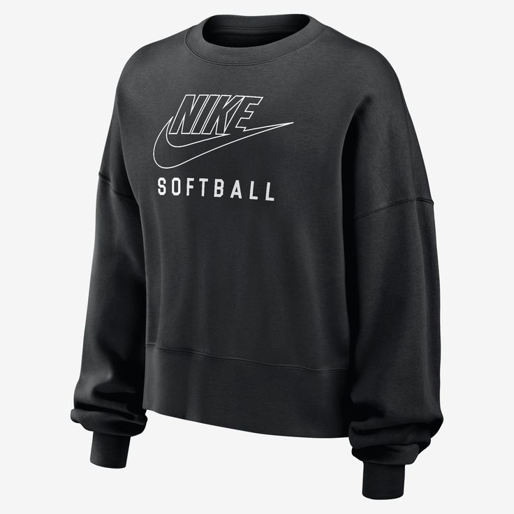 It's your game. Make sure everyone knows in this Nike fleece sweatshirt. Smooth on the outside, slightly fuzzy on the inside, our midweight semi-brushed fleece helps keep you cozy while still being breezy. Fall Season Sportswear Sweatshirt For Fan Gear, Nike Crew Neck Hoodie With Letter Print, Casual Black French Terry Top, Black French Terry Sweats With Ribbed Cuffs, Black Sweats With Ribbed Cuffs In French Terry, Nike Varsity Sweatshirt For Streetwear, Black French Terry Crew Neck Sweats, Casual Black Sweatshirt In French Terry, Black French Terry Top With Relaxed Fit