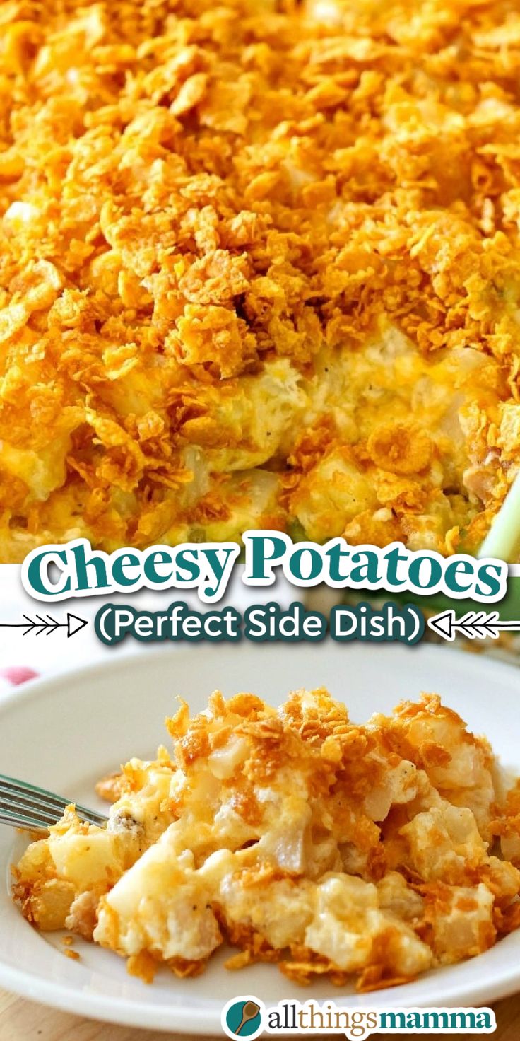 collage image of Easy Cheesy Potatoes. Cheesy Hashbrown Potatoes Easy, Cheesy Potatoes With Chips On Top, Cheese Potatoes Hashbrowns, Cornflake Cheesy Potatoes, Shredded Hashbrown Cheesy Potatoes, Cheesy Potatoes Thanksgiving, Cheesy Potatoes No Soup, How To Make Cheesy Potatoes, Cheesy Crockpot Hashbrown Potatoes