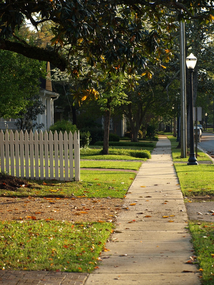 a white picket fence next to a sidewalk and street light on a sunny day with green grass