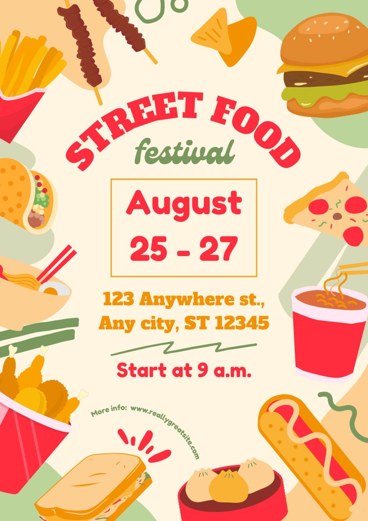 the poster for street food festival is shown in red, white and green colors with an image of hot dogs, hamburgers, french fries, ketchup