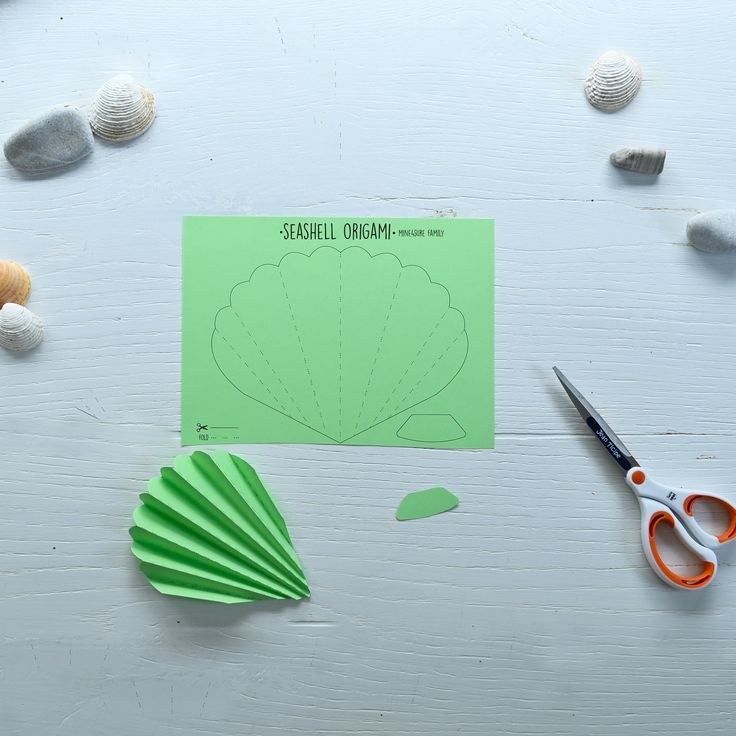 a pair of scissors next to a piece of paper with the words sea shell origami on it