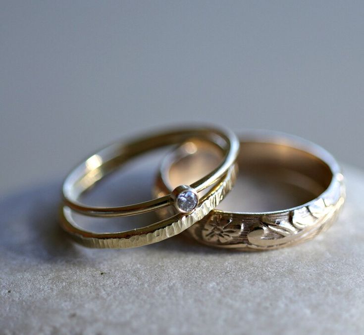 Mixed Metal Stacked Wedding Rings, Solitaire Recycled Gold Wedding Jewelry, Wedding Solitaire Jewelry In Recycled Gold, Wedding Jewelry In Recycled Gold With Solitaire, Heirloom Style Stackable Rings With Single Diamond For Wedding, Yellow Gold Double Band Wedding Rings, Double Band Stackable Diamond Wedding Ring, Heirloom Wedding Bands Stackable, Wedding Jewelry With Stackable Double Band