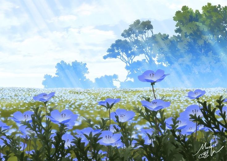 a painting of blue flowers in a field