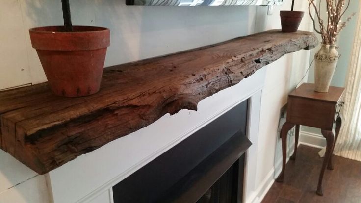 a potted plant sitting on top of a wooden shelf next to a fire place