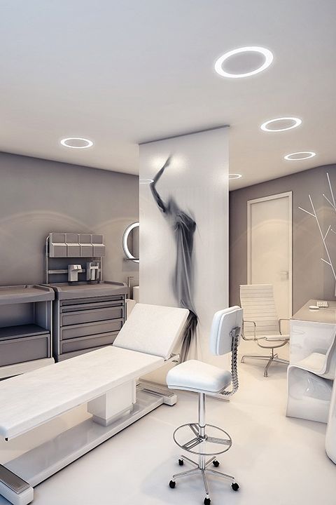 an artistic rendering of a bedroom with white furniture and lights on the ceiling is shown