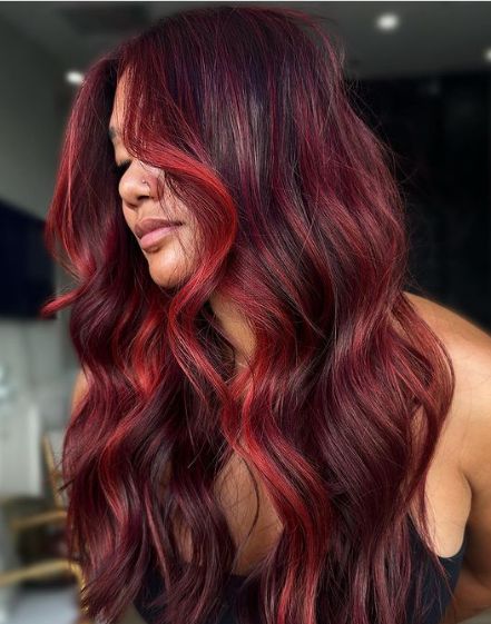 Fun Red Auburn Hair Idea How To Style Red Hair Outfit, Fire Red Balayage Hair, Red On Red Highlights, Red Hair With Blue Underneath, Dark Red Hair With Dimension, Dyeing Curly Hair, 2 Tone Red Hair, Two Tone Red Hair Color Ideas, Dark Red Hair Balayage