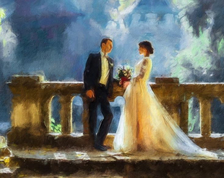 a painting of a bride and groom standing on a bridge looking at each other with trees in the background