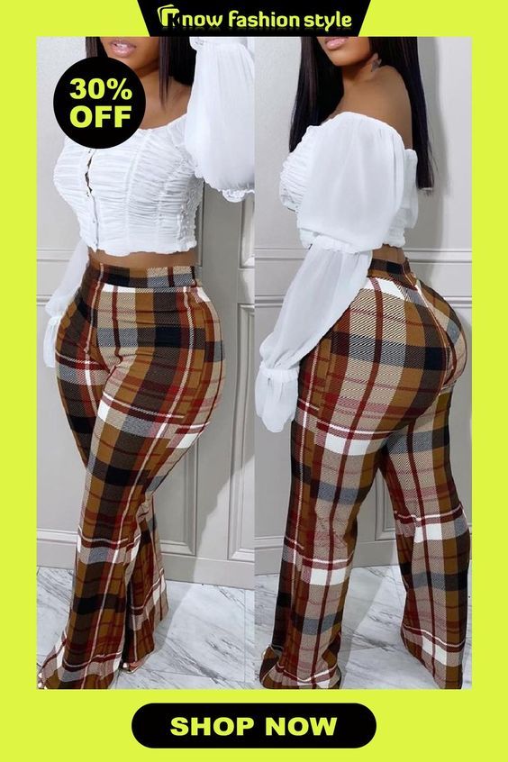 Brown Casual Plaid Print Patchwork Regular High Waist Trousers Chic Wide Leg Patchwork Bottoms, Chic Patchwork Bottoms For Summer, Chic Summer Patchwork Bottoms, High Waist Patchwork Pants For Fall, Chic Patchwork Bottoms For Spring, Chic Spring Patchwork Bottoms, Trendy Patchwork Pants For Fall, Fitted Patchwork Party Bottoms, Patchwork Party Bottoms