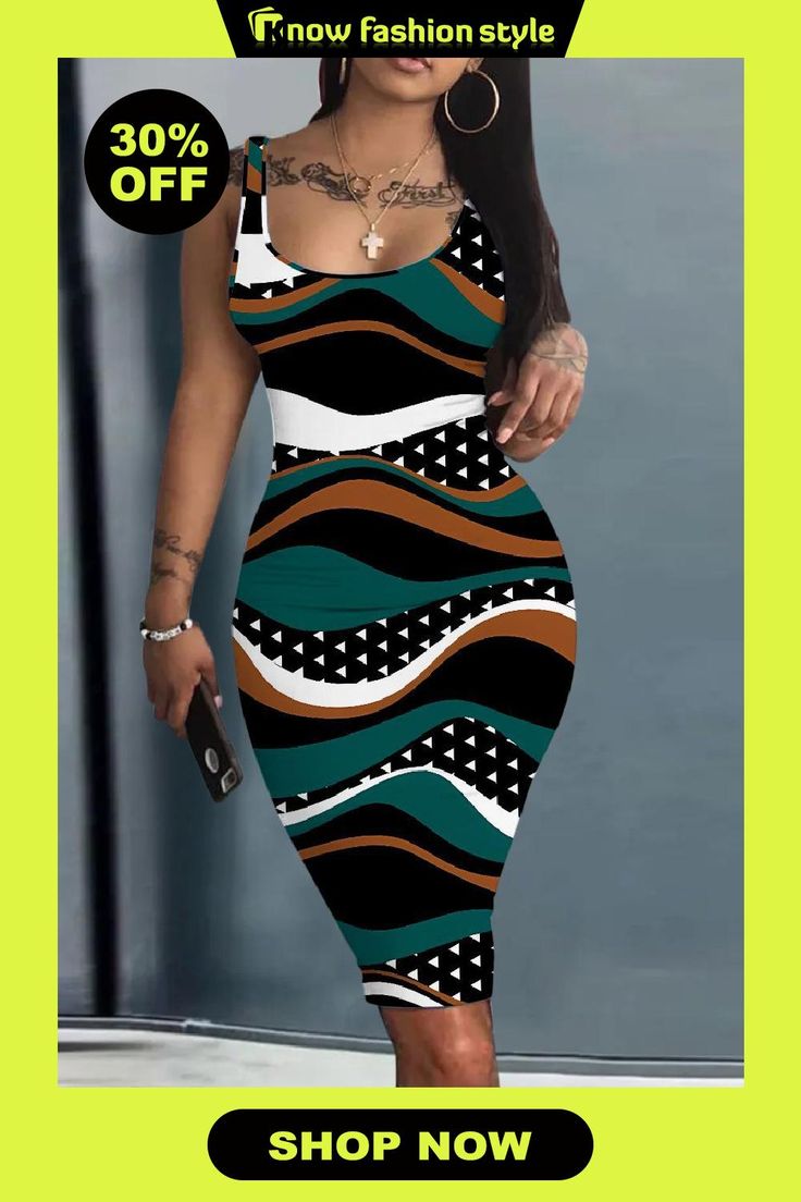 Casual Graphics Print U Neck Sleevelesss Bodycon Midi Tank Dress Trendy Fitted Sleeveless Midi Dress, Trendy Summer Bodycon Dress, Trendy Fitted Sleeveless Summer Dress, Casual Sleeveless Spring Bodycon Dress, Spring Casual Sleeveless Bodycon Dress, Spring Sleeveless Casual Bodycon Dress, Trendy Spring Bodycon Dress, Casual Fitted Sleeveless Midi Dress, Trendy Sleeveless Bodycon Dress For Spring