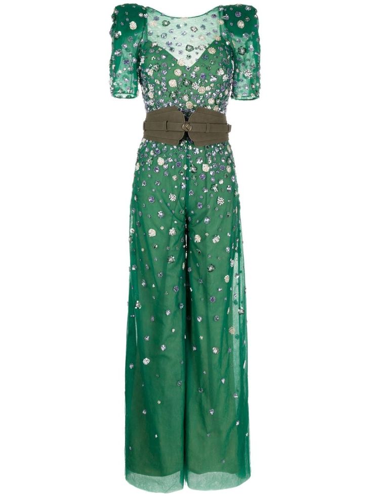 green tulle panel sequin embellishment bead embellishment round neck belted waist shoulder pads short sleeves wide leg Tulle Jumpsuit, Uzun Boy, Saiid Kobeisy, Bead Embellishment, Green Tulle, Padded Shorts, Sequin Embellishment, Green Jumpsuit, Tulum