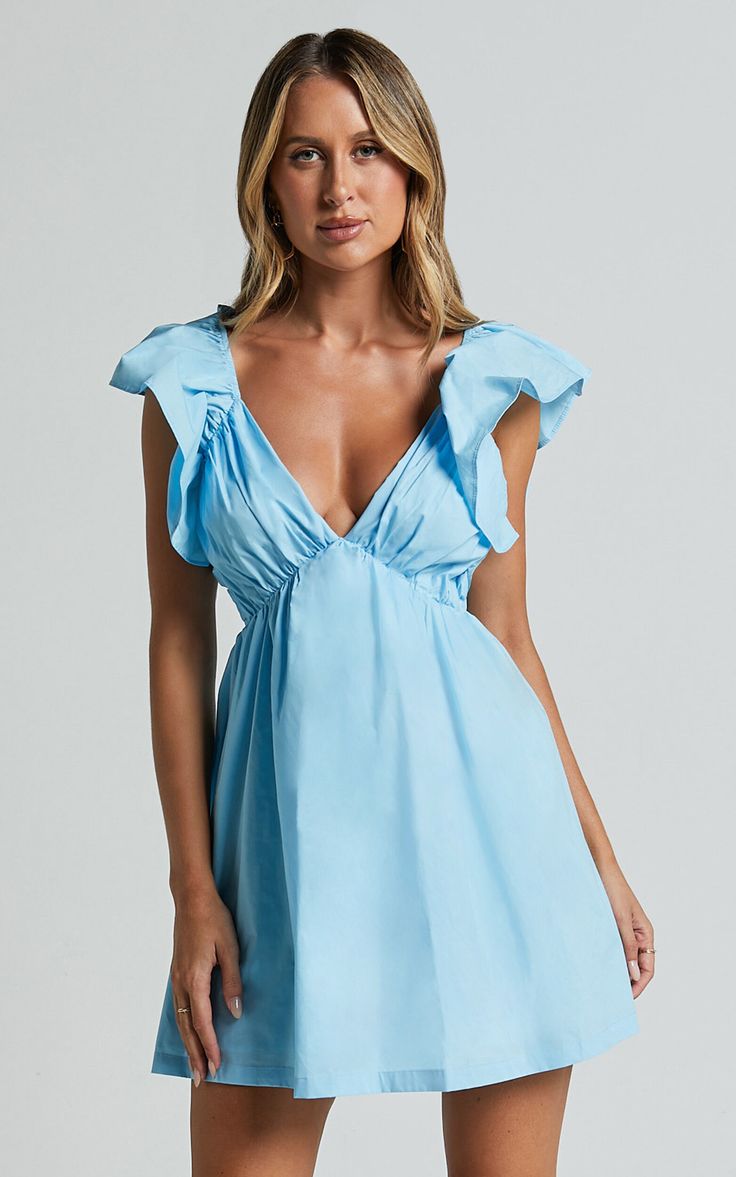 Raiza Mini Dress - Ruffle Sleeve Tie Back Plunge Dress in Bright Blue | Showpo USA Light Blue Ruffled V-neck Mini Dress, Light Blue V-neck Mini Dress With Ruffles, Flirty Light Blue Mini Dress With Ruffles, Light Blue Ruffle Dress For Date Night, Flowy Light Blue Mini Dress For Date Night, Light Blue Flowy Mini Dress For Date Night, Flirty Flowy Blue Mini Dress, Light Blue Flowy Mini Dress For Party, Light Blue V-neck Mini Dress For Evening