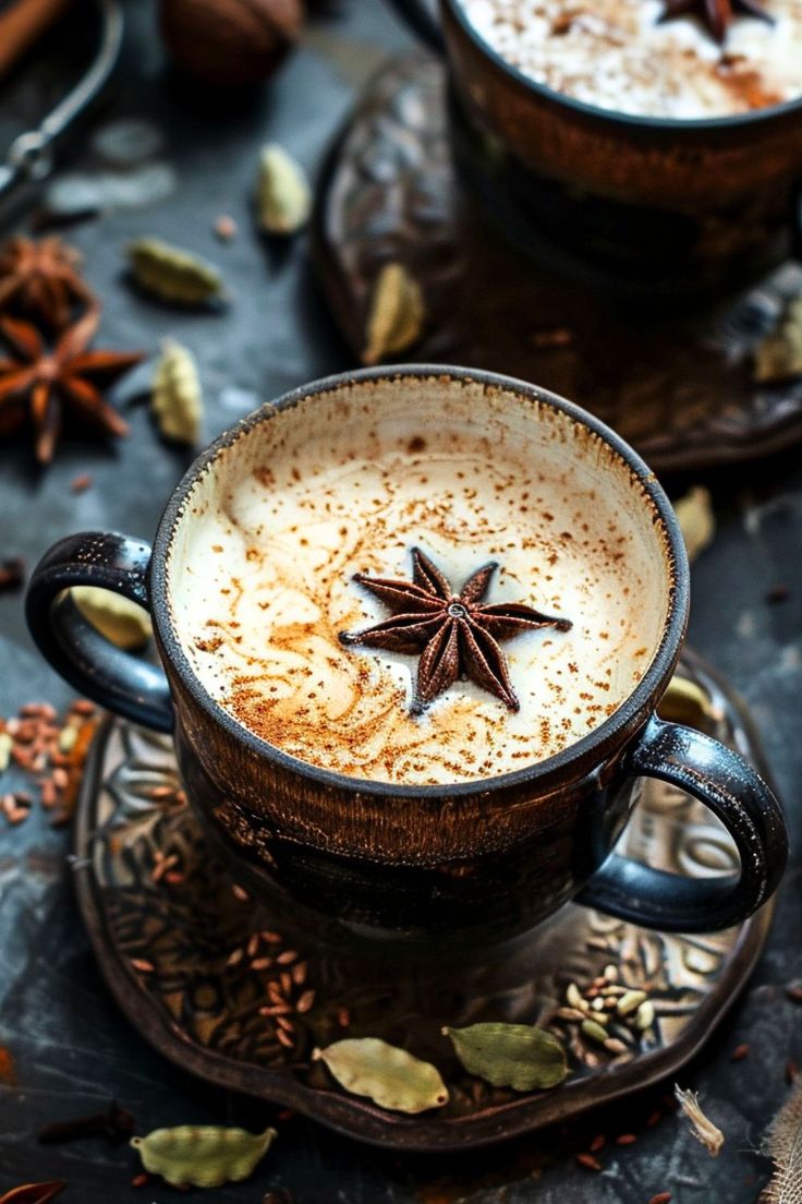 two cups filled with hot chocolate and topped with star anise