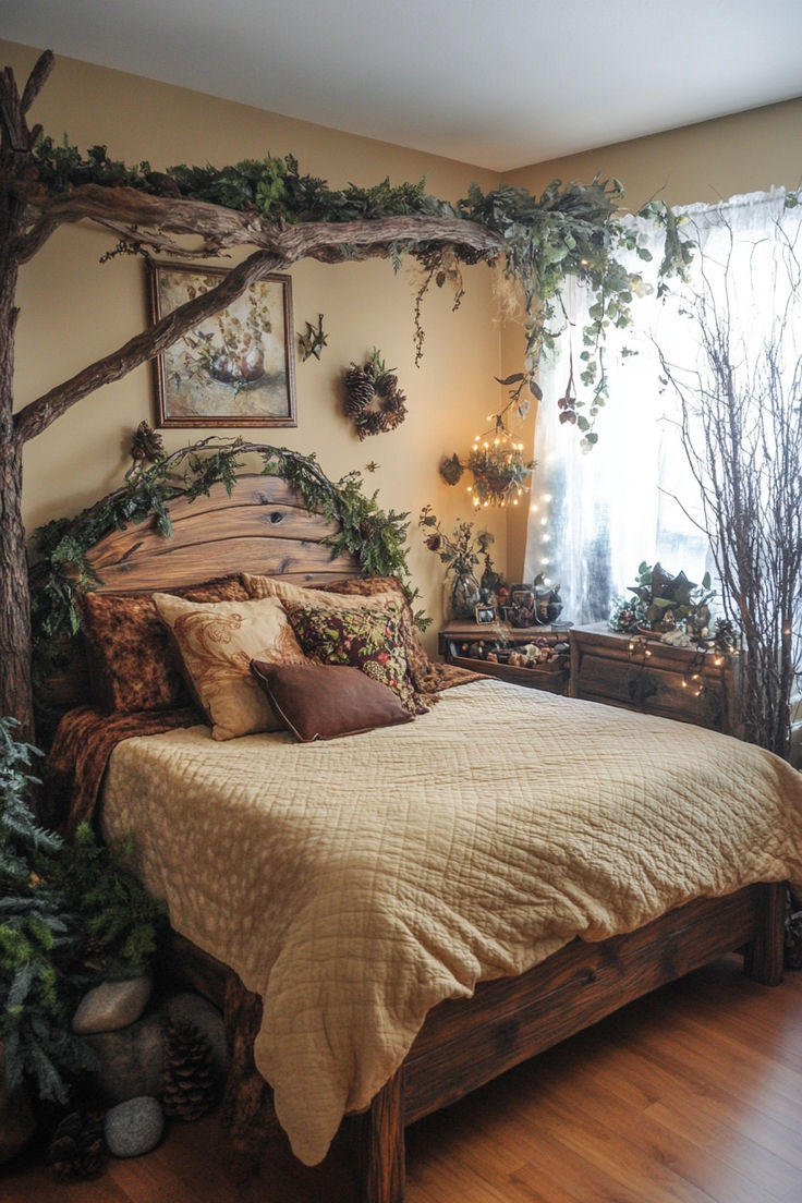 a bed sitting in a bedroom next to a window with potted plants on it