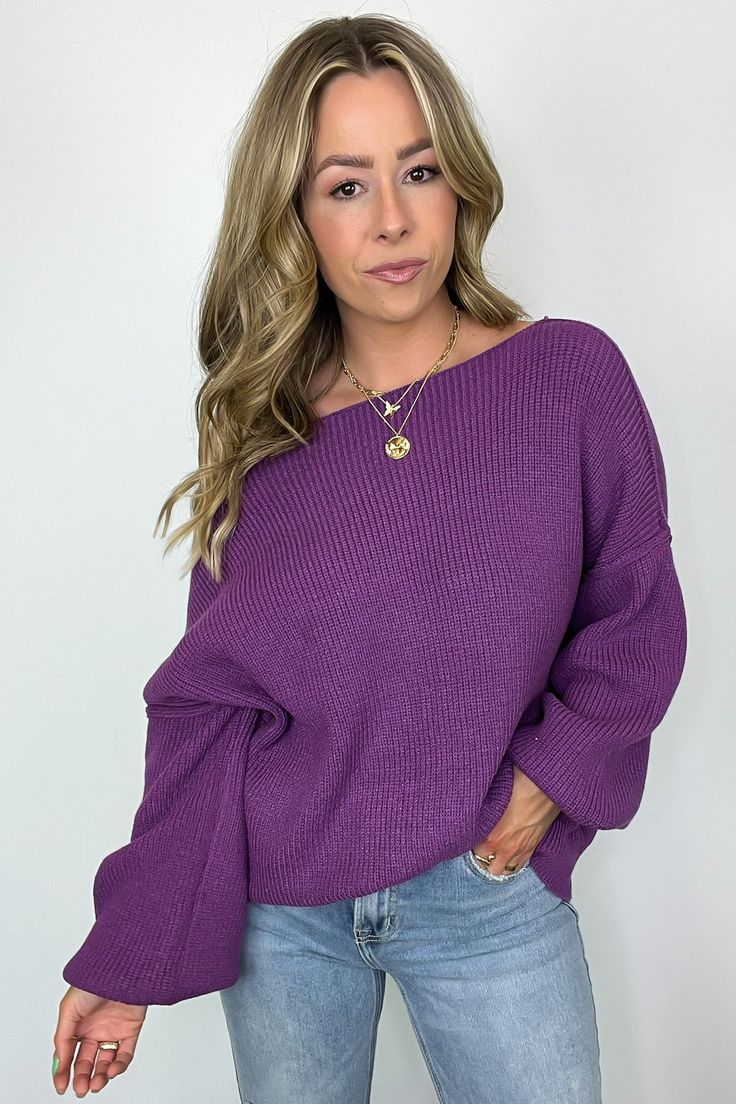 French Violet / S Gramm Boat Neck Ribbed Knit Sweater - Madison and Mallory Slouchy Sweater With Ribbed Cuffs For Fall, Slouchy Cozy Sweater With Ribbed Cuffs, Casual Winter Sweater With Lantern Sleeves, Cozy Slouchy Sweater With Ribbed Cuffs, Casual Lantern Sleeve Winter Sweater, Winter Textured Knit Top With Balloon Sleeves, Casual Knit Top With Lantern Sleeves, Casual Knit Lantern Sleeve Tops, Textured Knit Lantern Sleeve Sweater