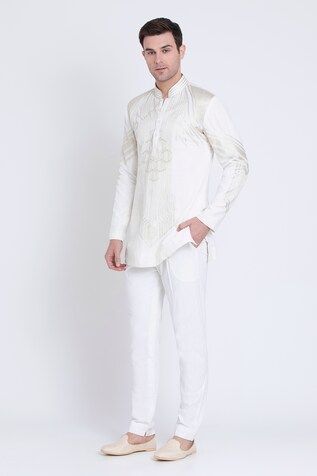 Ivory silk kurta with resham embroidery in geometric pattern and mandarin collared neckline. Paired with a pant. - Aza Fashions Resham Embroidery, Men Kurta, Silk Kurta, Ivory Silk, Silk Embroidery, Full Sleeves, Pant Set, Mandarin Collar, Aza Fashion