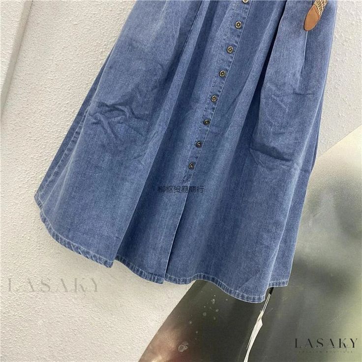 Lasaky - Denim Midi Skirt - Classic Solid Color Casual Denim Skirt High-waist Blue Denim Dress, Casual High-waisted Denim Blue Denim Dress, Casual High Waisted Denim Blue Denim Dress, Casual High Waist Denim Dress, Casual High Waist Denim Blue Dress, Casual High Waist Denim Dress In Denim Blue, Casual High Waist Denim Dress For Spring, Casual Denim Blue Skirt For Spring, Summer Denim Knee-length Skirt