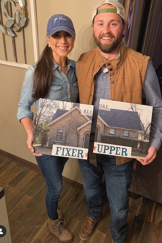 a man and woman standing next to each other in front of a house with the word fix upper on it