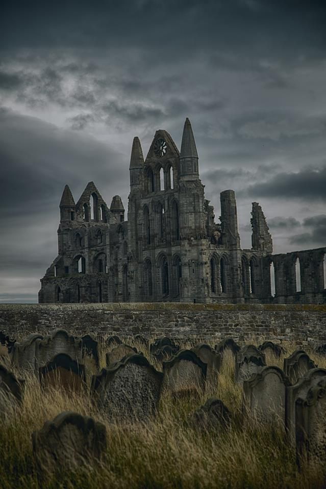 the ruins of whitley castle are surrounded by tall grass and dark clouds in the background