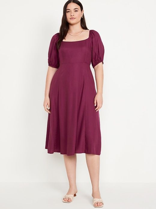 Fit & Flare Crepe Midi Dress | Old Navy Casual Midi Dress With Elastic Sleeves And Square Neck, Puff Sleeve Dress With Gathered Neckline For Brunch, Puff Sleeve Dress With Square Neck For Brunch, Puff Sleeve Dress With Smocked Back For Brunch, Square Neck Midi Dress With Elastic Sleeves For Brunch, Casual Midi Dress With Fitted Bodice And Square Neck, Casual Midi Dress With Gathered Sleeves And Square Neck, Daywear Smocked Dress With Square Neck, Elegant Solid Color Smocked Midi Dress