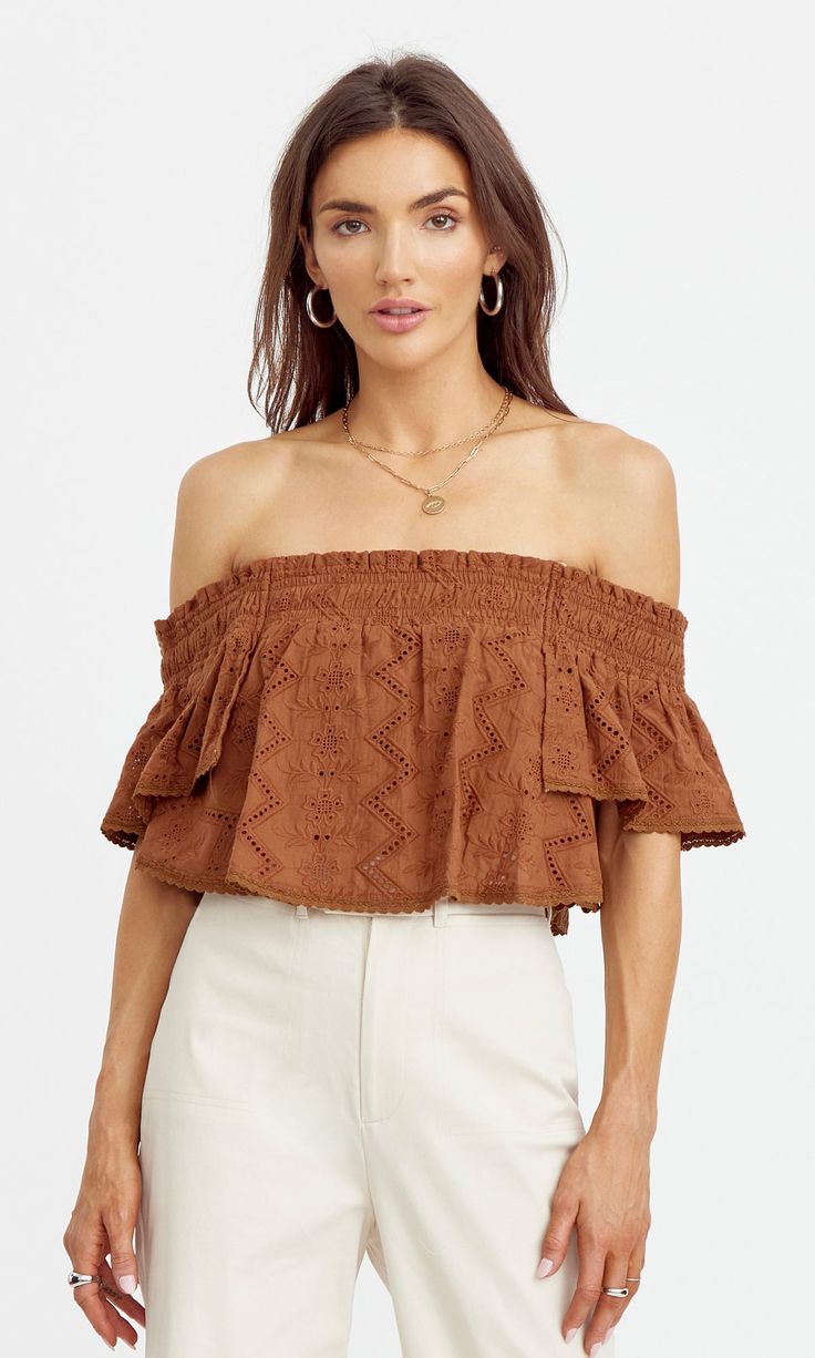 Off-shoulder blouse with ruffled shape and embroidered texture. The cropped piece is secured with an elastic. Embroidered Off-shoulder Self: 100% Cotton Length: 12" Chest:15" Hand wash in cold water. Lay flat to dry. Low iron. Model is wearing a size small Style #: G243T6980 Tops And Blouses, Luxury Women Fashion, Low Iron, Modern Woman, Fashion Games, Off Shoulder Blouse, Lay Flat, Cold Water, Off Shoulder