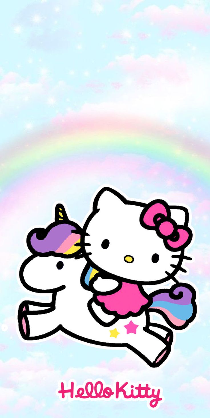 an image of hello kitty and unicorns in the sky with a rainbow behind them