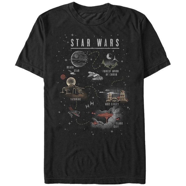 a black star wars t - shirt with the words, stars and planets on it