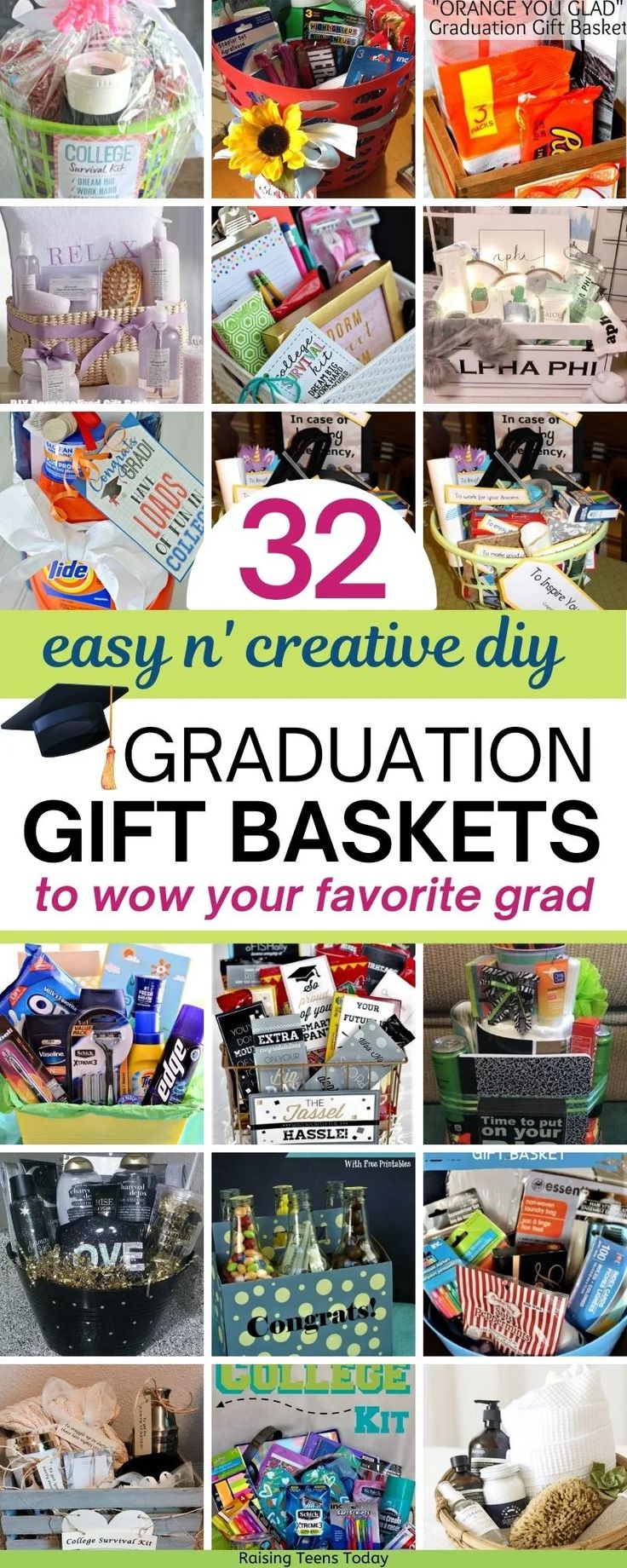 graduation gift baskets with the words 32 easy and creative diy graduation gifts to wow your favorite grad