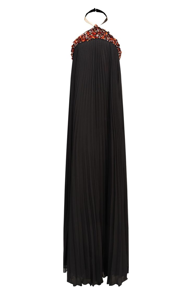 An abundance of embellishments at the top lend touchable texture and shine to a glamorous floor-length gown in flowing pleated chiffon. 64" length (size 8) Clasps at neck; hidden back-zip closure Halter neck Sleeveless, with cutaway shoulders Lined 100% polyester Dry clean Imported Evening Gown With Pleated Pre-draped Style, Formal Pleated Maxi Gown, Glamorous Floor-length Evening Dress With Pleated Back, Pleated Floor-length Gown For Formal Occasions, Pleated Floor-length Formal Gown, Party Full Length Maxi Dress With Pleated Bodice, Floor-length Pleated Gown For Party, Formal Pleated Floor-length Gown, Floor-length Pleated Dress For Evening With Pleated Back