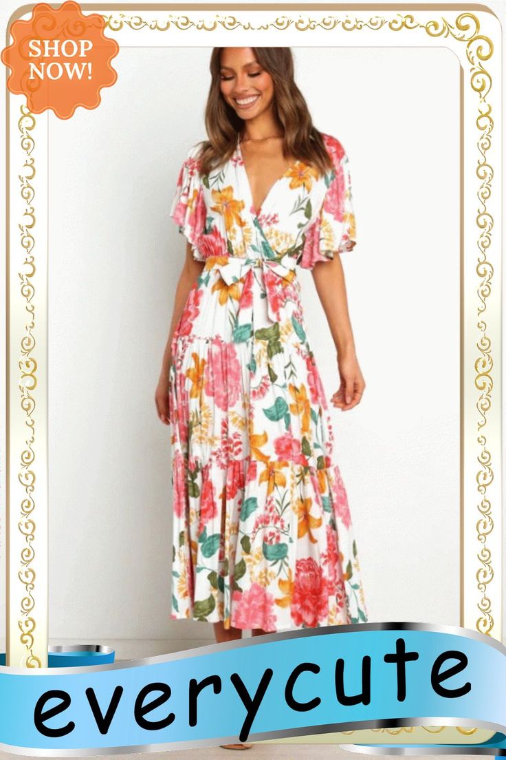 Elegant Floral Print Pleated Dress Women Summer New Slim V Neck Short Ruffle Sleev High Waist Lace-up Boho Long Dress White Ruffle Sleeve Maxi Dress For Spring, Short Sleeve Midi Dress With Tie Waist For Brunch, Summer Maxi Dress With Tie Waist And Short Sleeves, White Short Sleeve Maxi Dress With Tie Waist, Bohemian Midi Dress With Ruffle Sleeves For Spring, White Maxi Dress With Tie Waist And Short Sleeves, Vacation Tie Waist Short Sleeve Dress, Short Sleeve Maxi Dress With Tie Waist For Brunch, Feminine Ruffle Sleeve Midi Dress For Beach