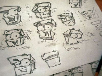 sketches of different objects on paper with pen and ink drawing them in the shape of cartoon faces