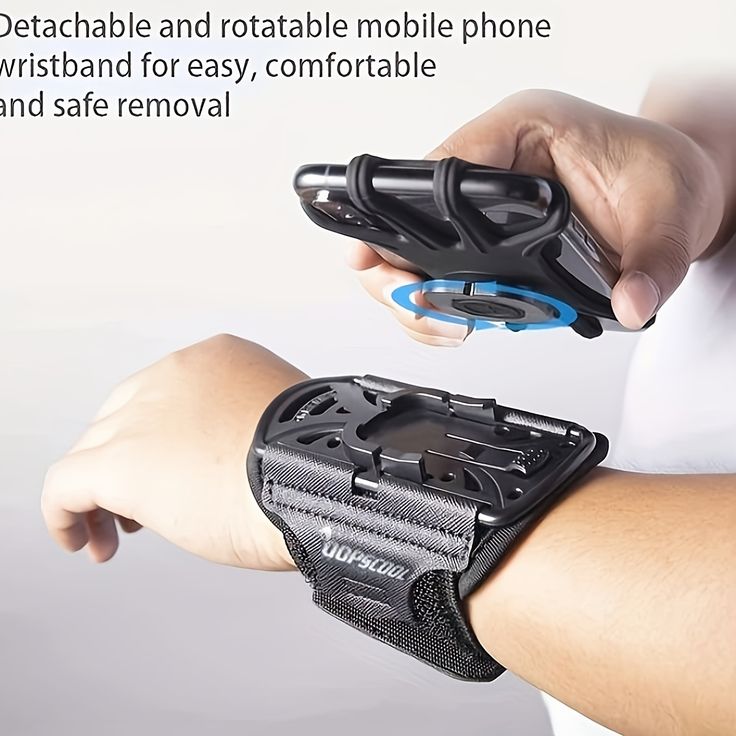 a person holding an electronic device in their right hand with the text, detable and rotatable mobile phone wristband for easy comfortable and safe removal