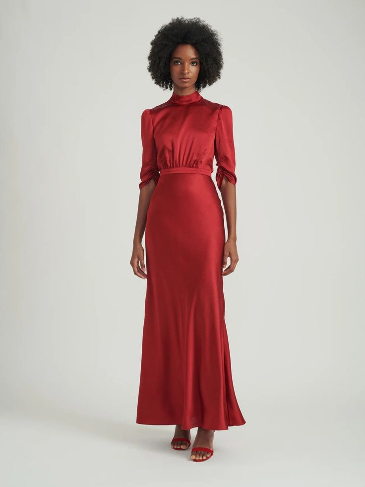 Adele dress in Garnet Red – SALONI Elegant Red Dress With Gathered Sleeves, Adele Red Dress, Red Long Sleeve Viscose Dress, Red Viscose Long Sleeve Dress, Elegant Red Midi Dress With 3/4 Sleeves, Adele Dress, Chinese Wedding Dress, Ruched Sleeve, Garnet Red