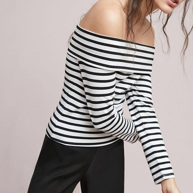 Anthropologie Maeve Black And White Striped Off The Shoulder Heavyweight Top, Size Xs Old Money Outfit Chic Striped Tops For Night Out, Chic Fitted Striped Tops, Striped Fitted Top For Night Out, Fitted Striped Top For Night Out, Chic Striped Tops For Fall, Black And White Long Sleeve Tops For Spring, Fitted Long Sleeve Black And White Tops, Fitted Black And White Long Sleeve Tops, Striped Off-shoulder Fitted Top