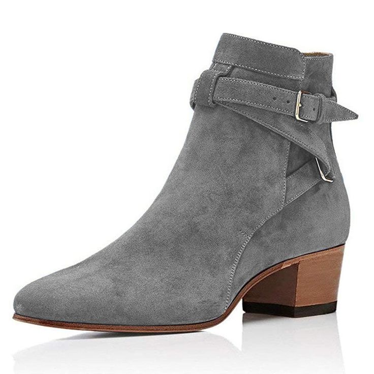 Full Grey Suede Pointed Toe Ankle Buckle Decors Low Chunky Boots Graphic Tee Leather Skirt, Leather Skirt Mini, Shopping Outfit Ideas, Dreamy Style, Winter Footwear, Gray Boots, Chunky Heel Ankle Boots, Asymmetric Top, Pointy Toe Heels